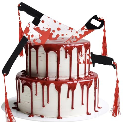 Rsstarxi 4 Pack Halloween Cake Toppers Blood Knife Cake Topper Acrylic Halloween Cake Decorations for Have a Killer Horror Birthday Party Decorations Supplies