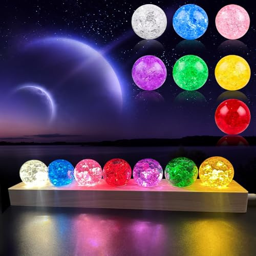BIZOI 3D Kristallkugel Nachtlicht, 7 Bunte Glaskristallkugeln mit LED-Holzsockel, 40mm Glas Kugel Planeten Lampe, Kristallkugel Nachtlicht Ornament Geschenke für Mutter, Kinder, Freundin