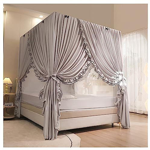 Bettnetz-Baldachin für Mädchen, Moskitonetz, Bettrahmen, Vorhanghalterungen, 4 Ecken, Pfosten, Bettvorhang, Baldachin für Schlafzimmer-Dekoration, grau, voll