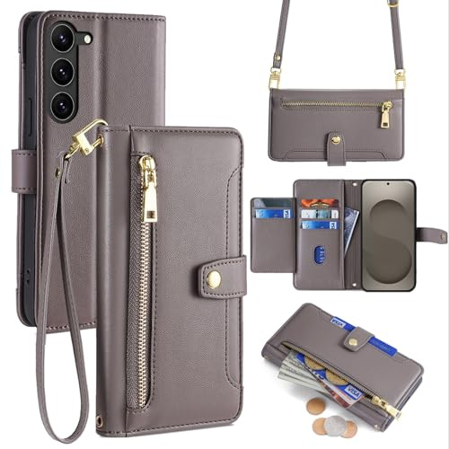 betterfon Handykette kompatibel mit Samsung Galaxy S26+ – Leder Handyhülle mit Kartenfächern zum Umhängen, Schutzhülle mit Band, in Grau