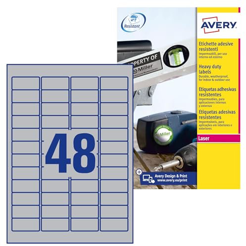 AVERY Zweckform L6009-8 Typenschild Folienetiketten (384 Aufkleber, 45,7x21,2mm auf A4, stark selbstklebend, strapazierfähig, wetterfest, bedruckbare Klebefolie, blanko) 8 Blatt, silber