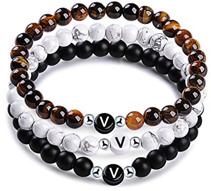 MicLee Namensarmband Freundschaftsarmband aus Natursteinen mit Buchstabenperlen von V, 3er Set Perlenarmbänder Energiearmband für Damen Herren, mit Geschenkbox Grußkarte