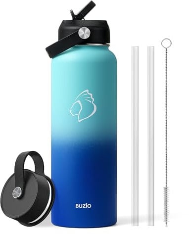 Stainless Steel Water Bottle, BUZIO 1180 ml Vacuum Insulated Water Bottle with Straw Lid and Flex Cap Cold for 48 Hrs, Hot for 24 Hrs Double Wall Wide Mouth BPA Free Leak Proof, Green&Blue