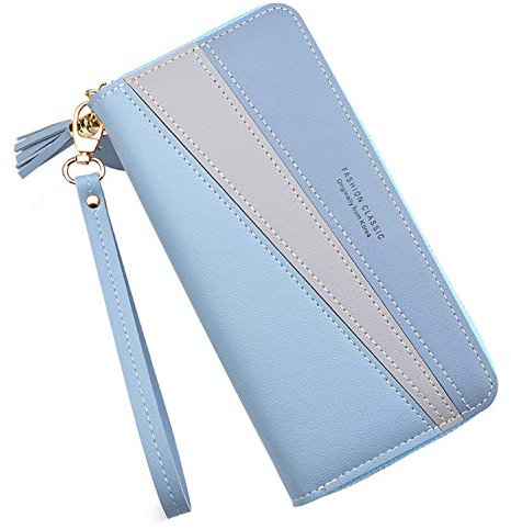 Yixuan Portefeuille Femme Longue PU Cuir Porte Monnaie Porte-chéquiers Grand Porte-Cartes Grande Capacite Portefeuille avec Glands en Métal Pendentif Zippé Poche Téléphone Sac (Bleu2)