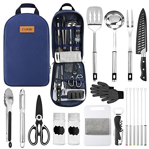 Sac de rangement pour ustensiles de cuisine de camping – Sac de rangement portable pour ustensiles de cuisine de camping adapté pour couteaux, fourchettes, cuillères, planches à découper, couteaux de