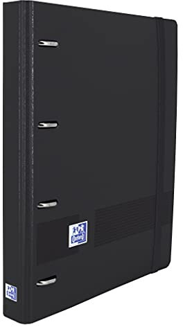 Oxford Live & Go, Archivador 4 Anillas Plástico Polyfoam con Recambio y Goma. Tamaño A4+, Pizarra Extraíble, Hoja de Pegatinas, Recambio con 5 Bandas Color y Cuadrícula 5x5, Color Negro