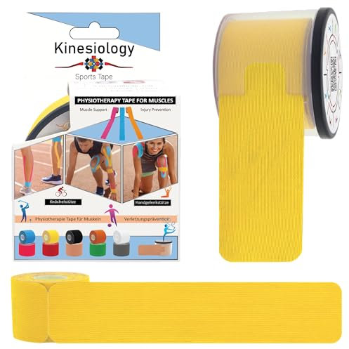 Kinesiologisches Sport-Muskeltape mit Spender – Synthetik – 5 m vorgeschnittene 20 Streifen – Physiotherapie-Tape für Gesicht, Hals, Schulter, Rücken, Ellbogen, Knie, Wade und Knöchel (Gelb)