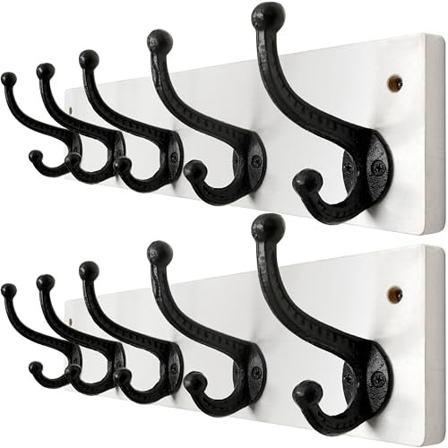WEBI Garderobenleiste,Wandgarderobe mit 5 Haken Gusseisen,Garderobenhaken Wand,Kleiderhaken Wand,Holz Garderobe Hakenleiste für Mäntel,Jacken,Weiß,2 Stück