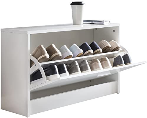 möbelando Schuhbank Split mit Sitzfläche Weiß Schuhkipper Holz 80 x 47 x 24 cm | Flurbank klein geschlossen | Sitzbank schmal Flur mit Stauraum | Schuhschrank einzeln Garderobenbank Bank Flurmöbel