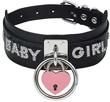 paloli Schwarzes Herz-Vorhängeschloss, O-Ring, Choker-Halskette für Frauen, Punk, Gothic, Buchstabe, Lederhalsband, rosa Vorhängeschloss, Cosplay-Schmuck, 19, Leder, veganes Leder, Strass
