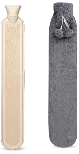 LYMYBETY Long Hot Water Bottle with Fluffy Cover, Large 2L Capacity Soft Premium Faux Fur 73cm Rubber Bag for Neck, Waist, Abdomen, Legs (Dark Grey), 1.0 count, Pack of 2