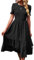 BebreezChic Damen Sommerkleid Maxikleider Kurzarm Rundhals Swiss Dot Rüschen Falten Einfarbig Casual Elegant Cocktailkleid, Schwarz L