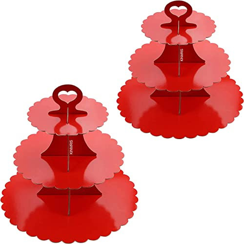 KINMRIS 2 Pack Cupcake Stand 3-Tier Lace Edge Dessert Stand, Cardboard Cake Stand, Birthday Party SUPPLIES TIER 3 Tier (L-Red)