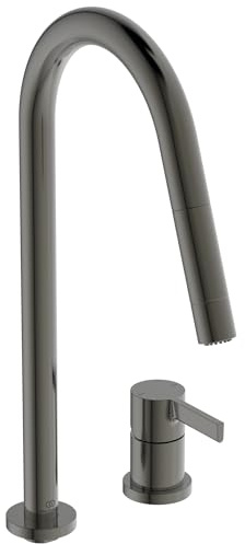 Ideal Standard – Gusto 2-Loch Küchenarmatur, Hoher Auslauf mit zylindrischem Querschnitt, mit 2-Funktionshandbrause, Schwenkbereich 360°, Schaftverschraubung von unten, Magnetic Grey