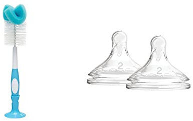 Dr. Brown's Bottle and Teat Brush, Blue & Options+ Wide-Neck Bottle Teat Level 2 (3m+), Pack of 2
