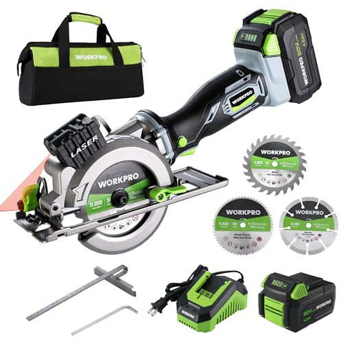 WORKPRO 20V Cordless Mini Circular Saw, 4-1/2 Compact Wireless Circular Saw 4.0Ah Battery, Fast Charger, 3 Blades, 4500RPM, Laser Guide, Max Cutting Depth 1-11/16(90°), 1-1/8(45°)