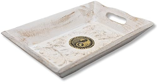 Diko.style® - Dekotablett Rechteckig Hholzschale Klein -24x15,5x4,5 cm- Holztablett dekoschale länglichc - orientalische deko Boho- Holzbrett Deko - Dekotablett Holz - Weißes Yin Yang