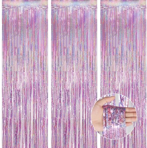 OFFCUP Rideau Métallique de Frange Rose, 3pcs Rideau à Franges AluminiumBrillant, 1m x 2m Brillant Frange Anniversaire pour Décoration Fête Mariage d'anniversaire Photobooth