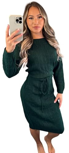 eyes Womens Cable Knitted Pocket Long Sleeve Tie Up Knitted Midi Dresses for Women Party Plain Casual Ladies Winter Jumper Knee Length Dress Bottle Green