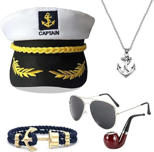 OWOAOOwl Yacht Kapitän Hut Kapitänsmütze Kostüm Set,Verstellbare Yacht Schiff Boot Marine Mütze Mit Sonnenbrille,Kapitänsmütze für Erwachsene Damen Männer für Karneval Mottoparty Partys Cosplay (A)