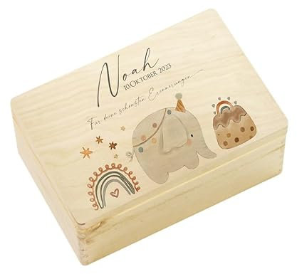 Personalisierte Erinnerungskiste für Babys zur Geburt und Taufe, Babygeschenk mit dem Namen (M, Elefant 2)
