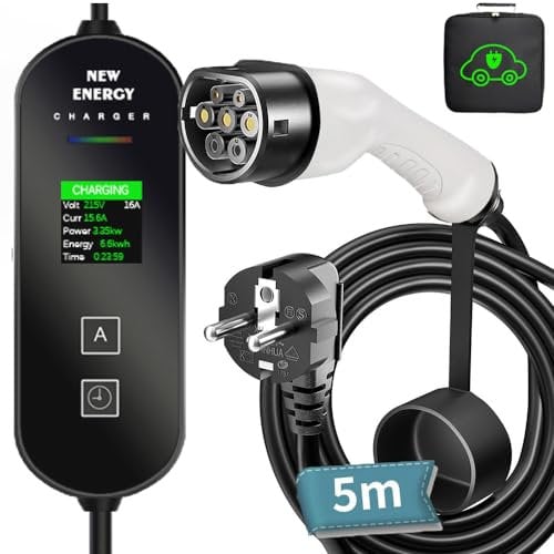 LCLCTEK® 5-Metri Cavo Ricarica auto Elettrica Tipo 2, 8A-16A Cavi Batteria auto Tipo 2, 3.68kW EV Charger Type 2 con led Display Digitale, Cavo di Ricarica Auto Elettrica e Ibrido con IEC 62196-2