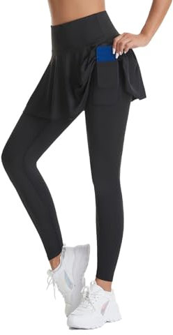 Tennis Shorts Damen Sport Leggings Mit Tasche Sportrock Mit Hose Modische Elastische Yoga-Shorts Mit Taschen Schwarzer Rock 7/8 Leggings Women Athletic Skorts Schwarz L