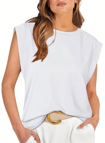Tanmolo Damen Basic T-Shirt Tank Tops Casual Sommer Tops Kappenärmel Sommer Bluse Lässig Lockere Passform Blusen 2024 Neu Weiß, L