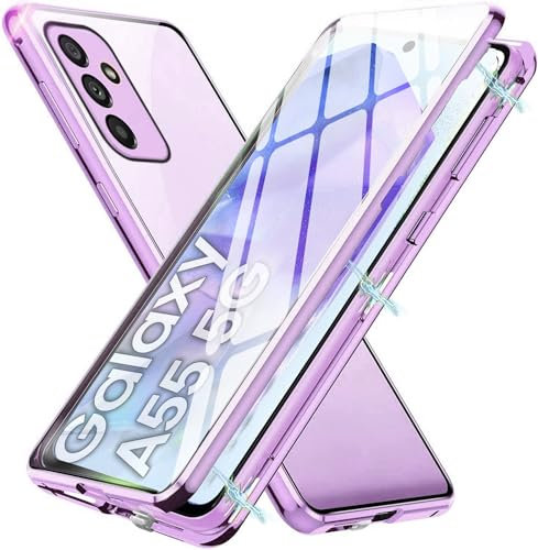 MIMGOAL Ganzkörper Hülle für Samsung Galaxy A55 5G, Magnetische Handyhülle 360 Grad Full Body [Vorne hinten Gehärtetes Glas] Schutzhülle Einteiliges Ultra Dünn Transparente Case Cover,Violett