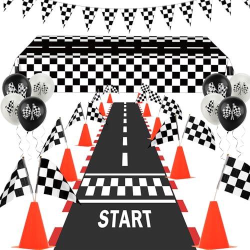 AHIER - Set of 61 pieces traffic cones and 24 pieces racing checkered flags, 6.5 feet race track floor runner and 10 feet checkered race track banner, tablecloth,