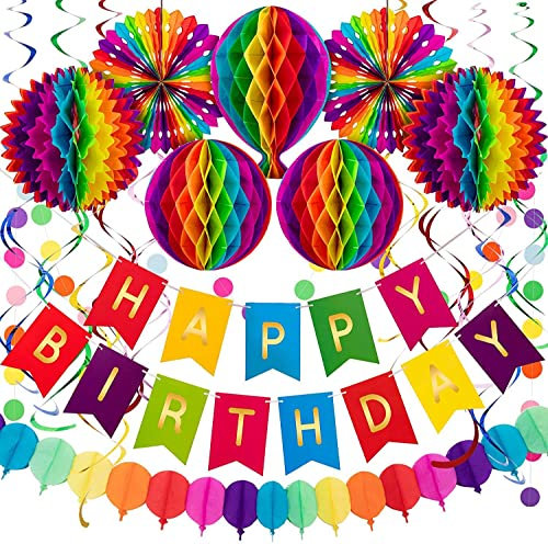 TICKLELY Decoración De Cumpleaños Para Niños, Colorido Abanicos de Papel Bola de Nido Pom Poms Ventilador Cumpleaños Boda Carnaval Bebé Ducha Adultos Infantil Party Supplies Decoracion, reutilizable