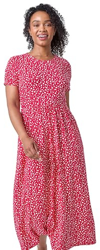 Roman Midi Dress with Pockets for Women UK Ladies Stretchy Jersey Maxi Long Short Sleeve Elasticated Gathered High Waist Boho Flattering Skater Swing Fit Flare - Petite Red White - Size 8