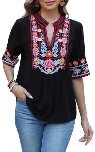 Seasonal Ukraine Chemisier d'été pour femme Tunique bohème Broderie folklore Tops Boho Hippie Manches courtes Haut ample, Noir (799), M
