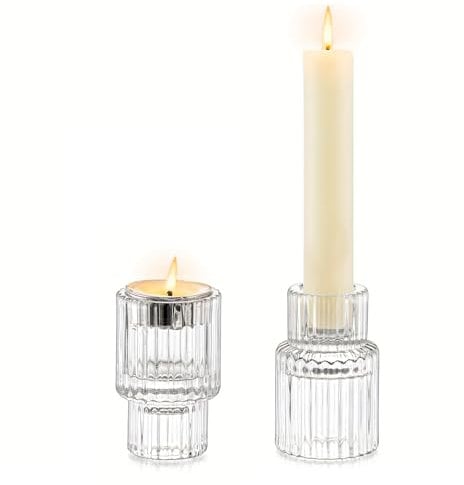 Kerzenhalter Kerzenständer Glas, 2er Klar Stabkerzenhalter Kerzenständer für Stabkerzen Teelichthalter Klein Kerzenständer für Hochzeit Geburtstag Party Weihnachtsdeko Tischdeko Vintage Deko