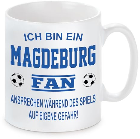 Fussball Tasse | Ich bin ein Magdeburg Fan - Ansprechen während des Spiels auf eigene Gefahr | Keramiktasse für Fußballfans | Spülmaschinenfest | mit Wunschtext auf der Rückseite