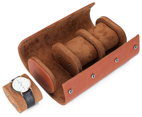 BAIGIO Tragbar Uhrenbox Uhrenrolle mit Uhrenkissen Travel Watch Box Case PU-Leder Uhrenaufbewahrung Reise Uhrenkasten Uhrenetui 3 Fächer Uhren Aufbewahrungsbox Uhrenkoffer für Damen Herren, Hellbraun