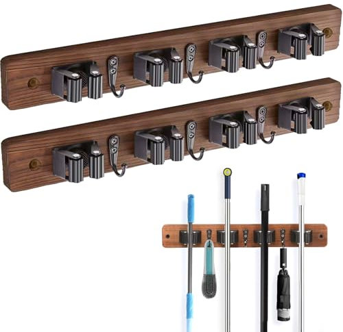 Mistcado Soporte de pared para escobas de madera, soporte de pared con 4 soportes y 3 ganchos, organización y almacenamiento de lavandería, soporte para fregona para organización del hogar, jardín,