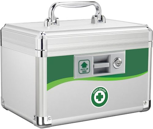 ZORVIDSON Lockable Medicine Box, First Aid Safe Medication Storage Box, Layered Aluminum Daily Medicine Lockable Box with Key 10 x 6.88 x 6.88 Inch(Small - 10inch)