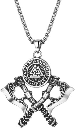 JewelryWe Wikinger Axt Halskette Herren: Edelstahl Valknut Rune Doppelaxt Anhänger Kette Nordische Mythologie Odin Krieger Amulett Vintage Piraten Schmuck Geschenk für Männer Silber