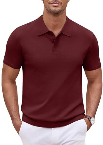 COOFANDY Polo Shirts for Men Summer Short Sleeve Knitted Golf Polo Neck Shirt Regular Fit Knitt Shirt Wine Red XL