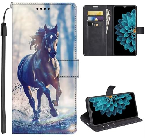 SEHEYA Hülle für Huawei Y6 2019 Klapphülle Handyhülle mit Motiv Muster Flip Brieftasche 3 Kartenhüllen Schutzhülle Handytasche PU Lederhülle Wallet Case, Schwarz Pferd