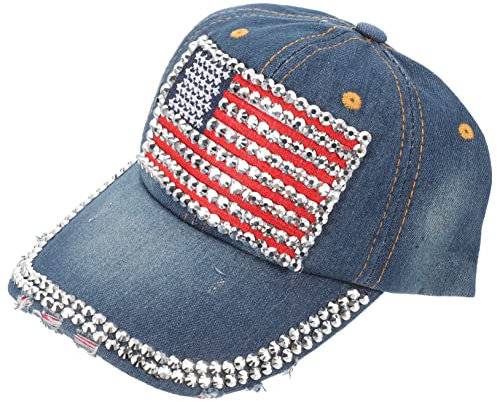 WRITWAA Denim-Baseballkappe Mit Amerikanischer Flagge Mit Strasssteinen Schirmmütze Für Damen Und Herren Einheitsgröße