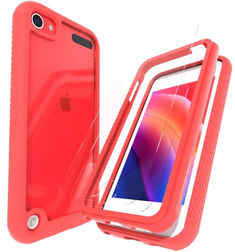 LUNOVATE Hülle für iPod Touch 5/6/7, Durchsichtig mit 2 Displayschutz Crystal Clear Schutzhülle Transparent Soft TPU Bumper Hard Case Cover für iPod Touch 5/6/7 - Rot