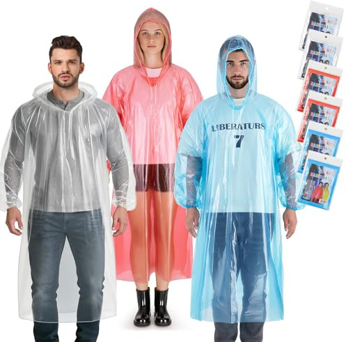 Aolegoo 6 Pack Ponchos Waterproof with Sleeves and Drawstring Hood, Thickened Portable Adult Disposable Waterproof Poncho Ideal for Festival Waterproofing, Camping, Theme Parks (White+Blue+Red)