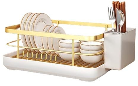 Yaztauho Dish Drainer Rack, Space Saving Dish Rack, Dishes Racks for Kitchen Counter with Cutlery Holder, Drying Dishes Racks with Drip Tray, Gold