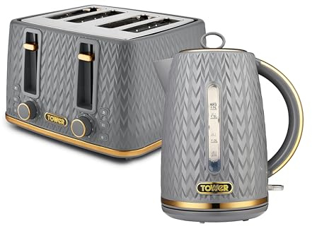 Tower Empire Kitchen Set, 1.7L Rapid Boil Kettle and 4 Slice Toaster, Grey with Brass Accents, T20061GRY & T10052GRY