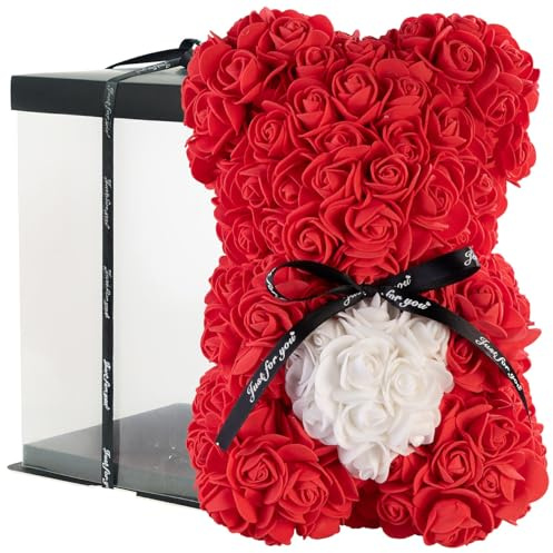 Ourson en roses artificielles avec boîte cadeau - coloris rouge [infactory]