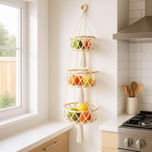 3 Etagen Obstkorb Hängend Boho - Makramee Baumwollseil Aufbewahrung 110cm | 3 Stöckig Obstkorb Etagere Hängend Hängekorb für Obst und Gemüse Handgewebt Küche Camping geeignet für Familien Weiß 110 cm
