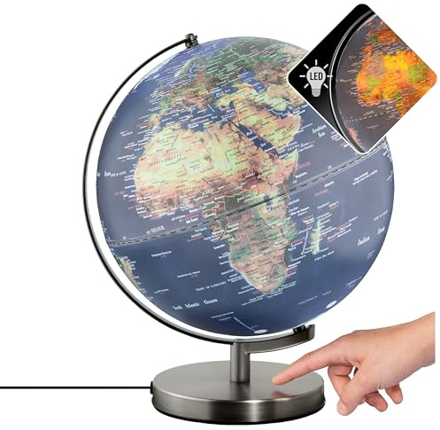 TROIKA Globus beleuchtet Touch Funktion 30cm Durchmesser STELLAR LIGHT TOUCH Beleuchtung inkl. Ladestecker auf gebürstetem Metallfuß aus Kunststoff und Metall in blau grün