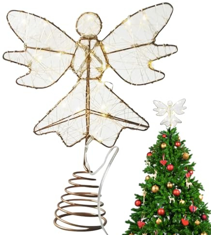 Générique LED Angel Tree Topper – 25 cm Glittering Gold Christmas Tree Top Decoration | Batterie Powered Lighted Angel für den Innenbereich, Home & Party Decor